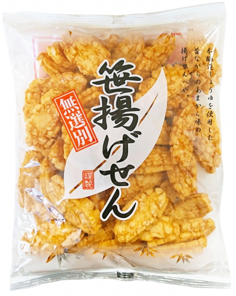 モミの木【笹揚げせん　無選別】本醸造しょうゆを使用した昔ながらのあまから味の揚げ煎餅です。米油を使い、カラッと揚げ【フライ油振り切り製法】でさっぱりと軽く仕上げました。